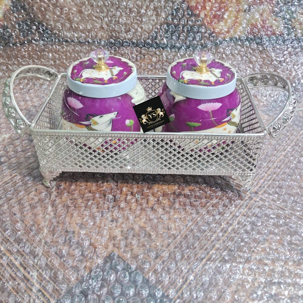 German Silver Rectangle Tray With Two Dry Fruits Metal Pitchwi Jar (set of 6) - Image 7