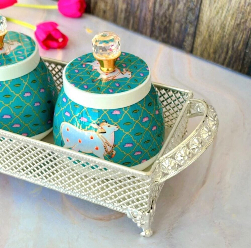German Silver Rectangle Tray With Two Dry Fruits Metal Pitchwi Jar (set of 6) - Image 5