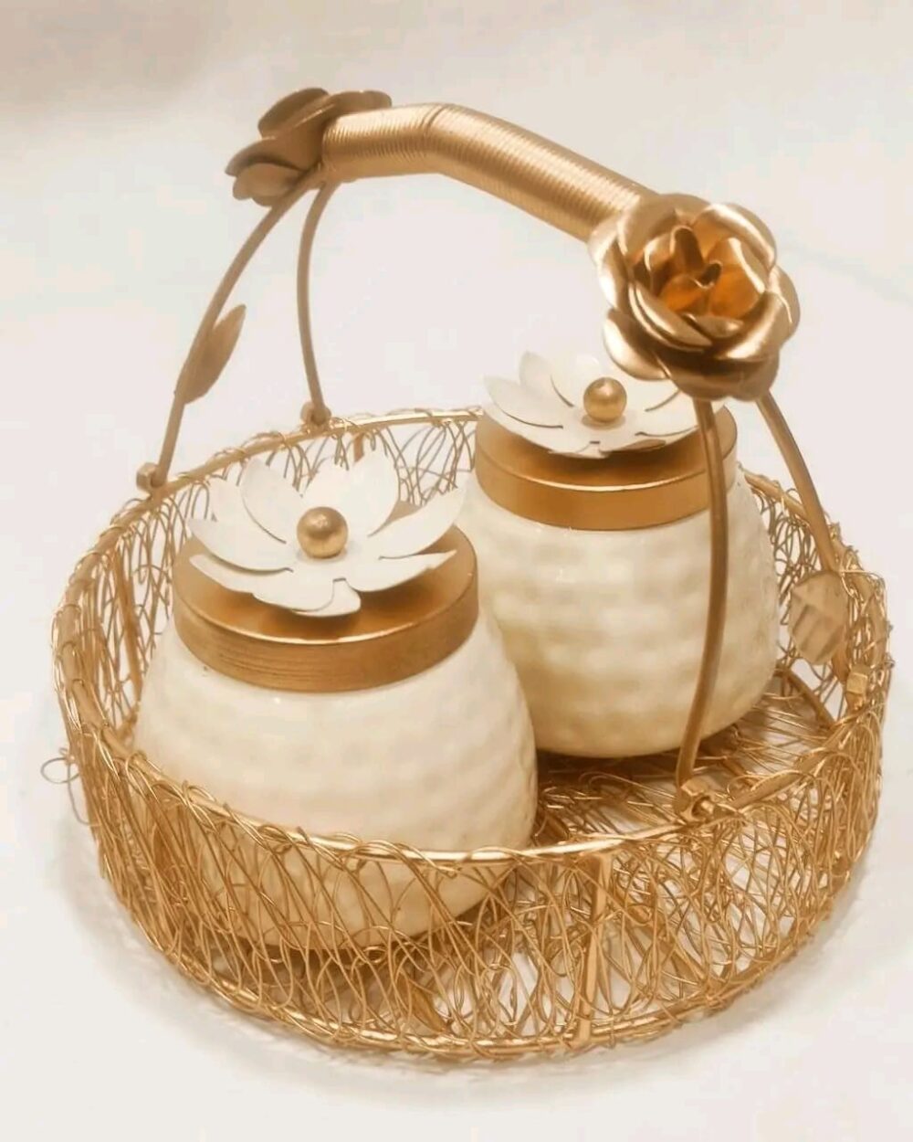 Golden Basket with 2 Dry fruit Jars (Set of 5)