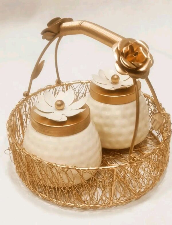 Golden Basket with 2 Dry fruit Jars (Set of 5)
