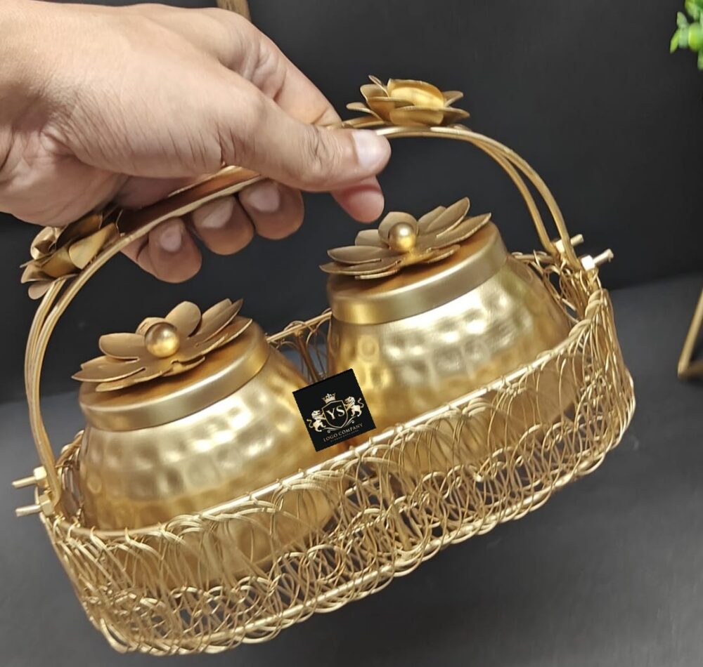 Golden Basket with 2 Dry fruit Jars (Set of 5) - Image 7