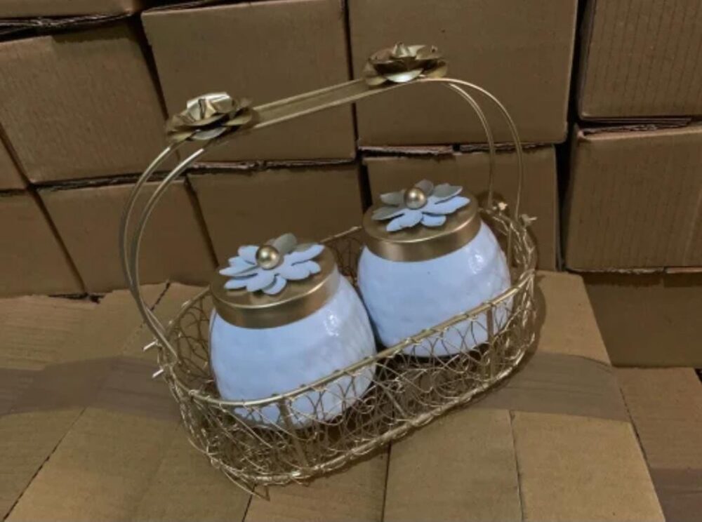 Golden Basket with 2 Dry fruit Jars (Set of 5) - Image 6