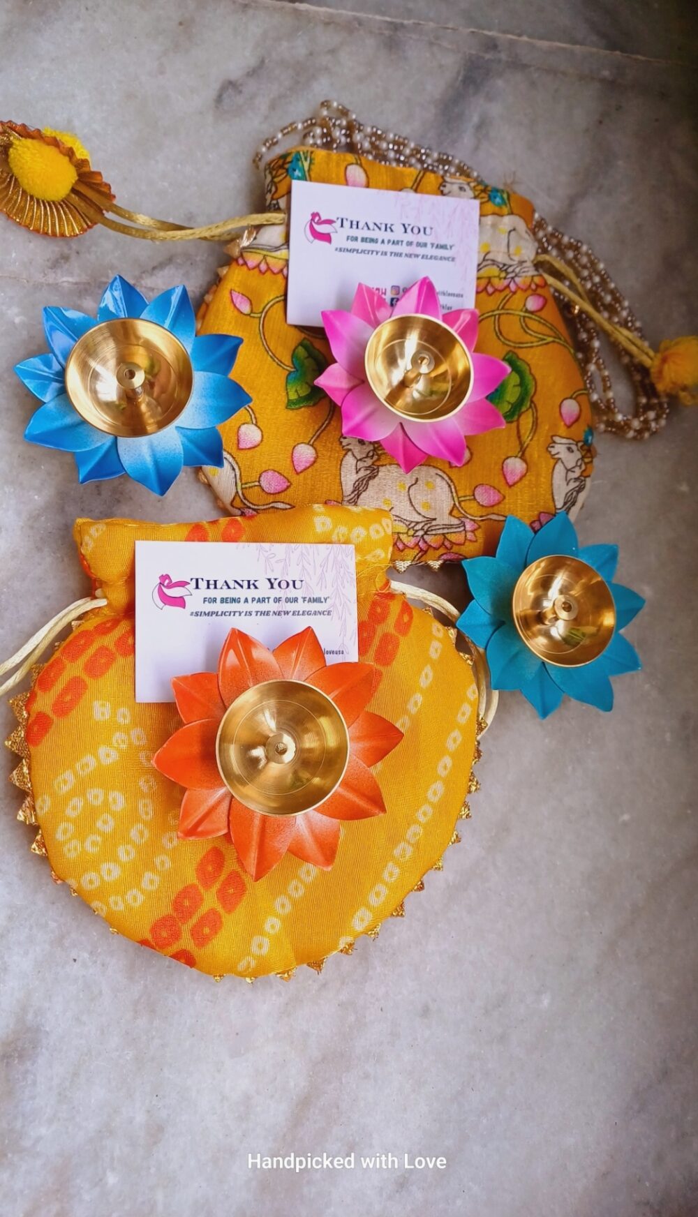 Brass colored Diya with Potli (set of 20)