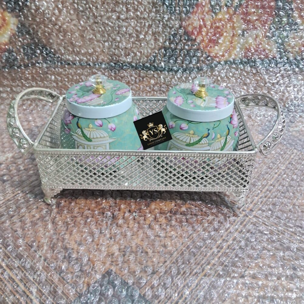German Silver Rectangle Tray With Two Dry Fruits Metal Pitchwi Jar (set of 6) - Image 4
