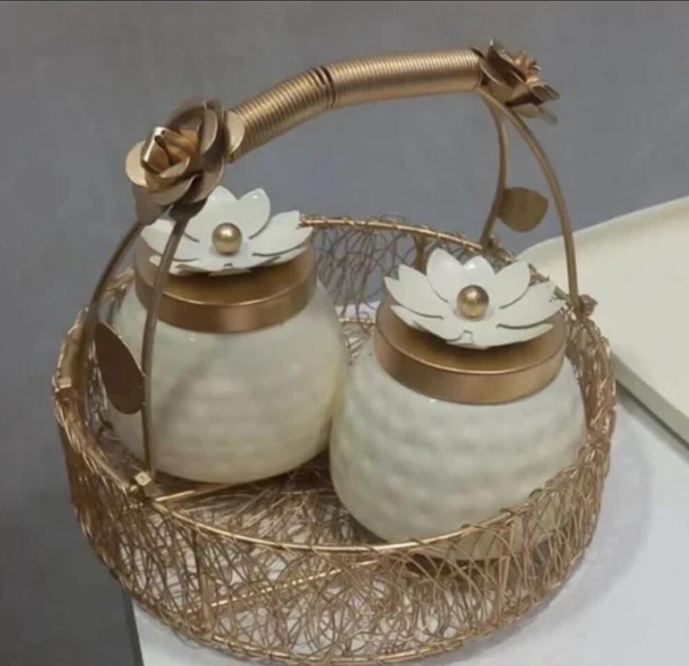 Golden Basket with 2 Dry fruit Jars (Set of 5) - Image 3