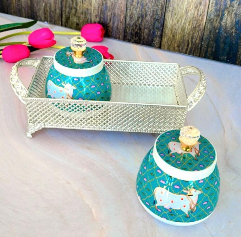 German Silver Rectangle Tray With Two Dry Fruits Metal Pitchwi Jar (set of 6) - Image 2