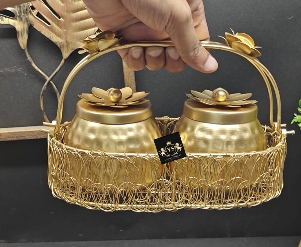 Golden Basket with 2 Dry fruit Jars (Set of 5) - Image 2